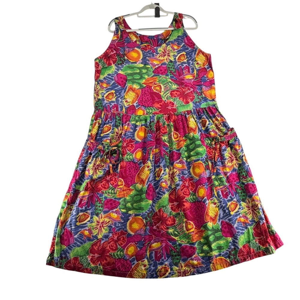 Vintage Adrian Jordan Womens 18 Tropical Fish Floral Cotton Midi Dress Pockets
